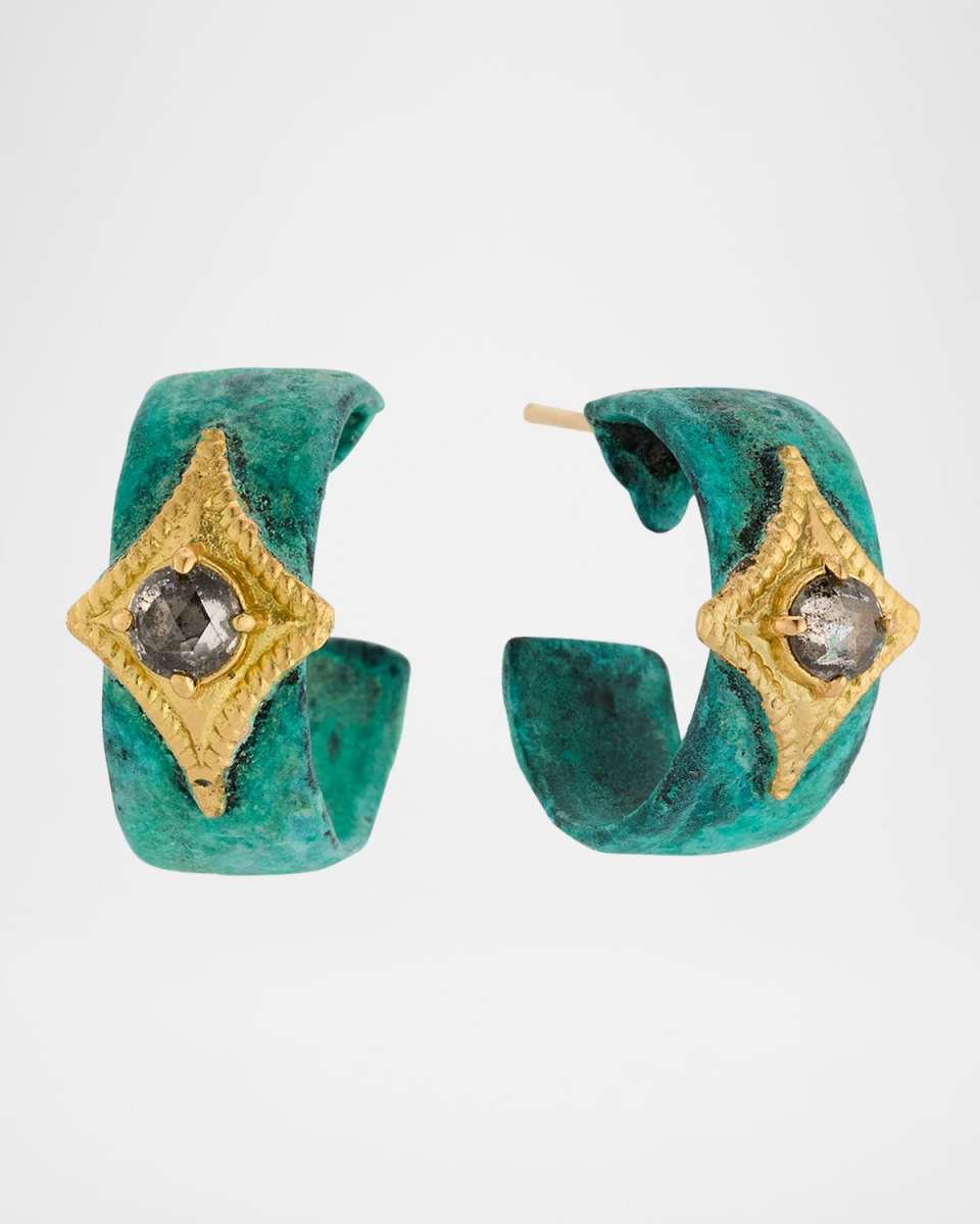 18K Yellow Gold and Antiqued Copper Artifact Crivelli Gray Diamond Hoop Earrings